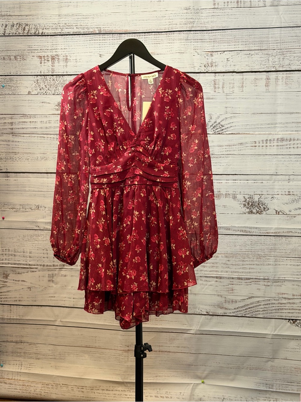 Floral Red Long-Sleeve V-Neck Tiered Mini Romper